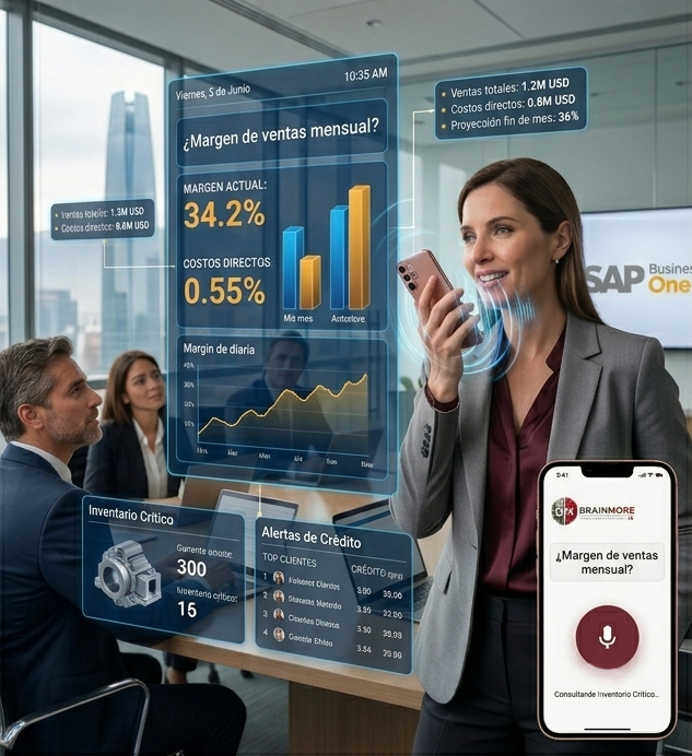Ejecutiva consultando datos de su negocio por voz con Brainmore